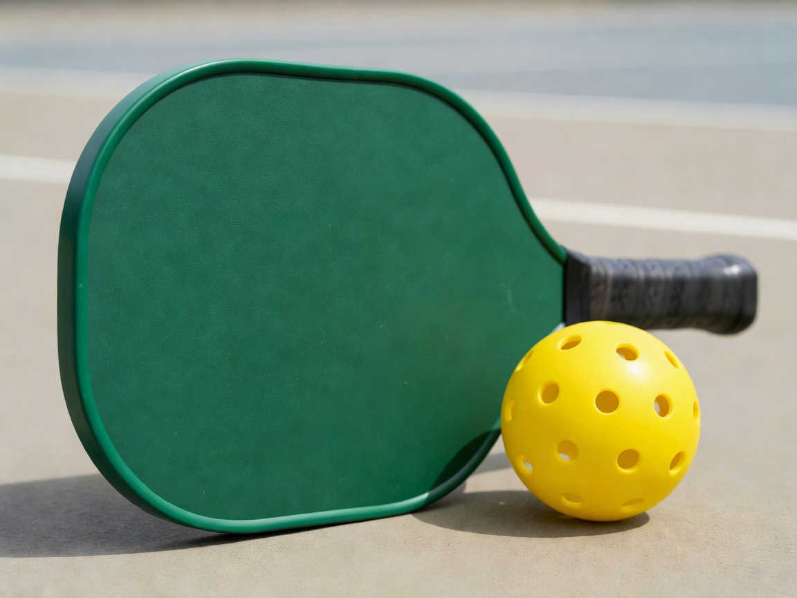 Close up of a green pickleball paddle and a yellow perforated pickleball