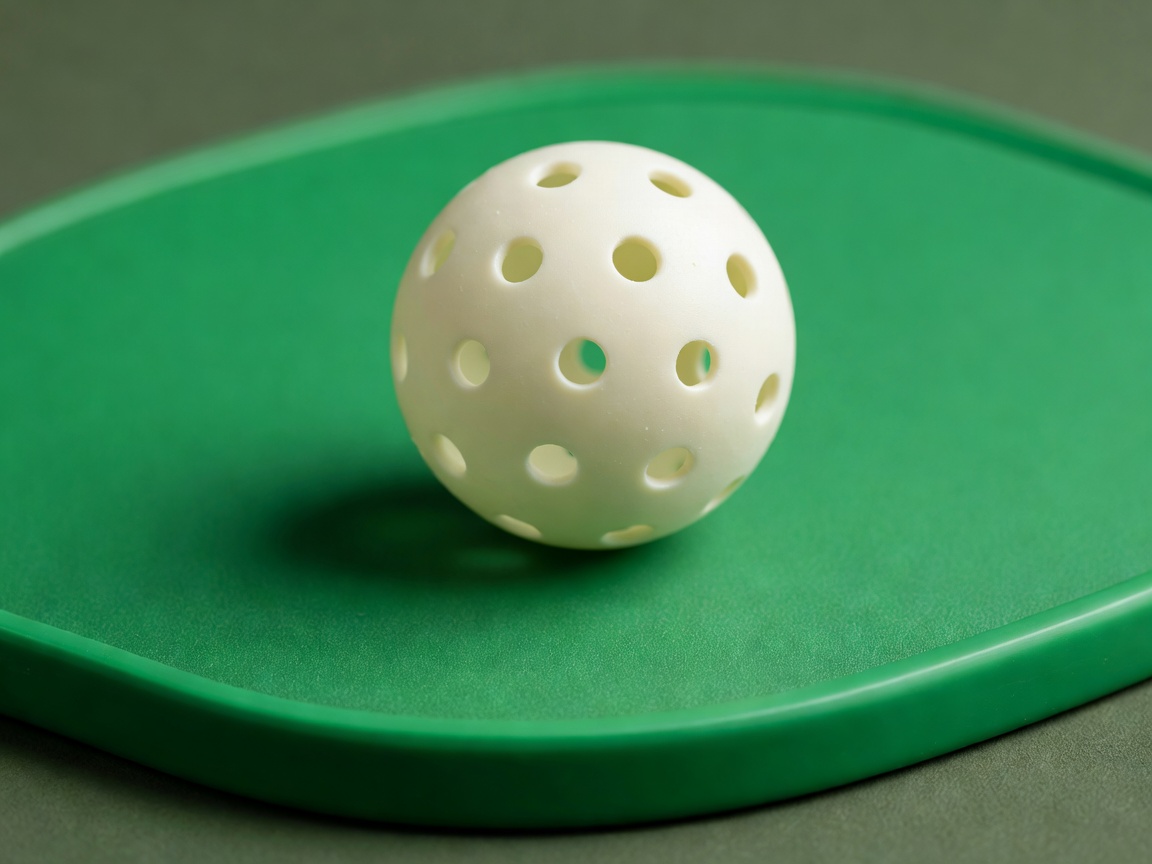 Close up of a perforated pickleball resting on a green pickleball paddle