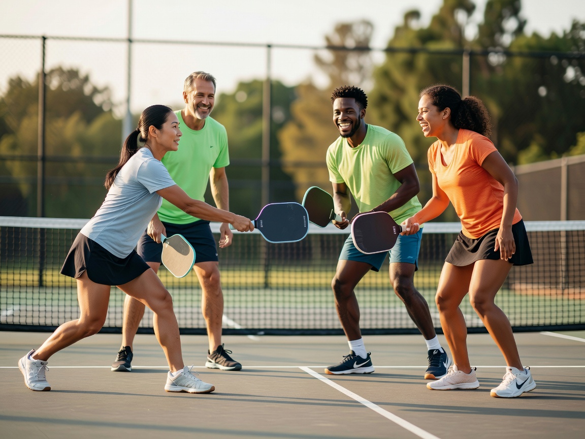 People standing near the non-volley zone line on a pickleball court