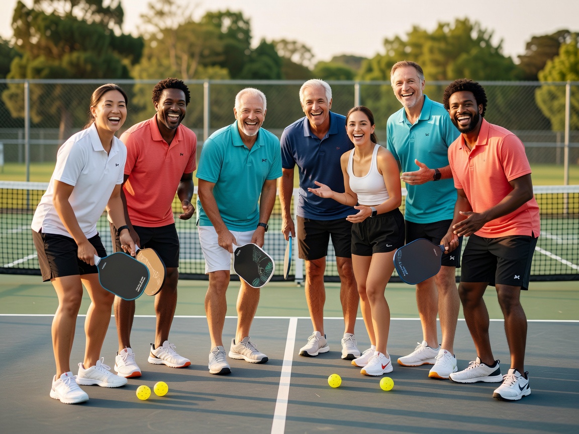 Group of diverse people smiling on a pickleball court