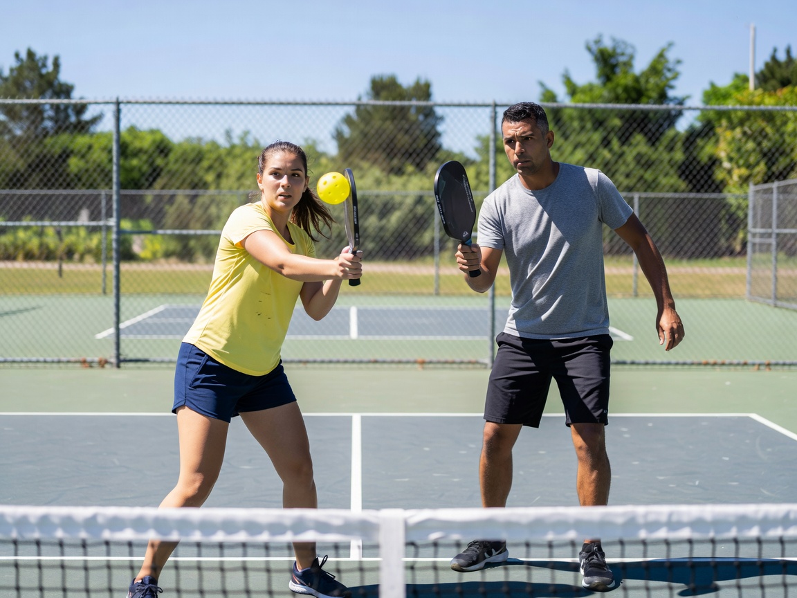 Two adults playing pickleball on an outdoor court, holding paddles